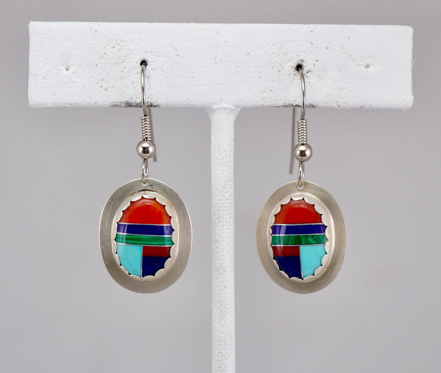 Multi-Stone Channeled Inlay Dangle Earrings – Sterling Silver with Turquoise, Coral, Sugilite, Lapis, and Malachite