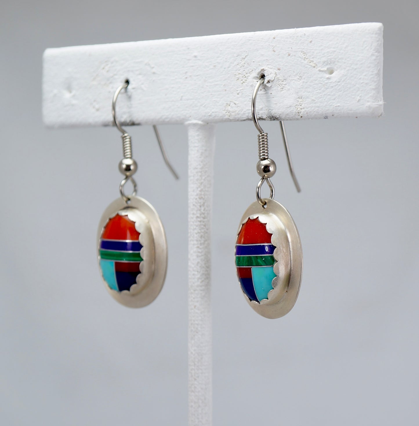 Multi-Stone Channeled Inlay Dangle Earrings – Sterling Silver with Turquoise, Coral, Sugilite, Lapis, and Malachite