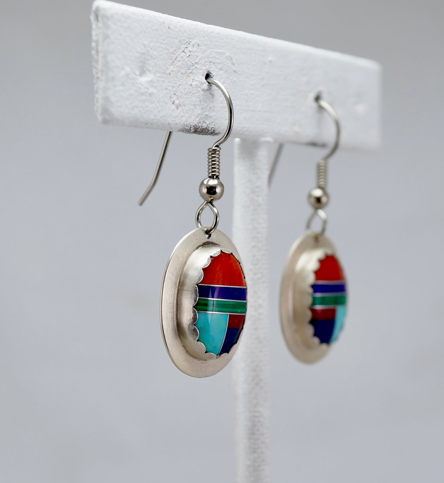 Multi-Stone Channeled Inlay Dangle Earrings – Sterling Silver with Turquoise, Coral, Sugilite, Lapis, and Malachite