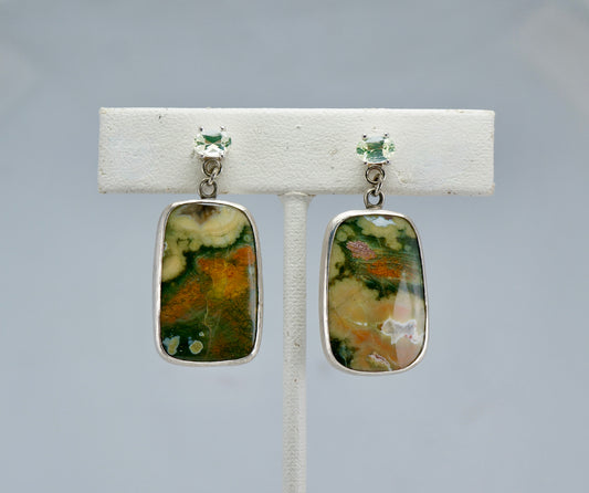 Rhyolite Agate Earrings with Green Oval Gemstones