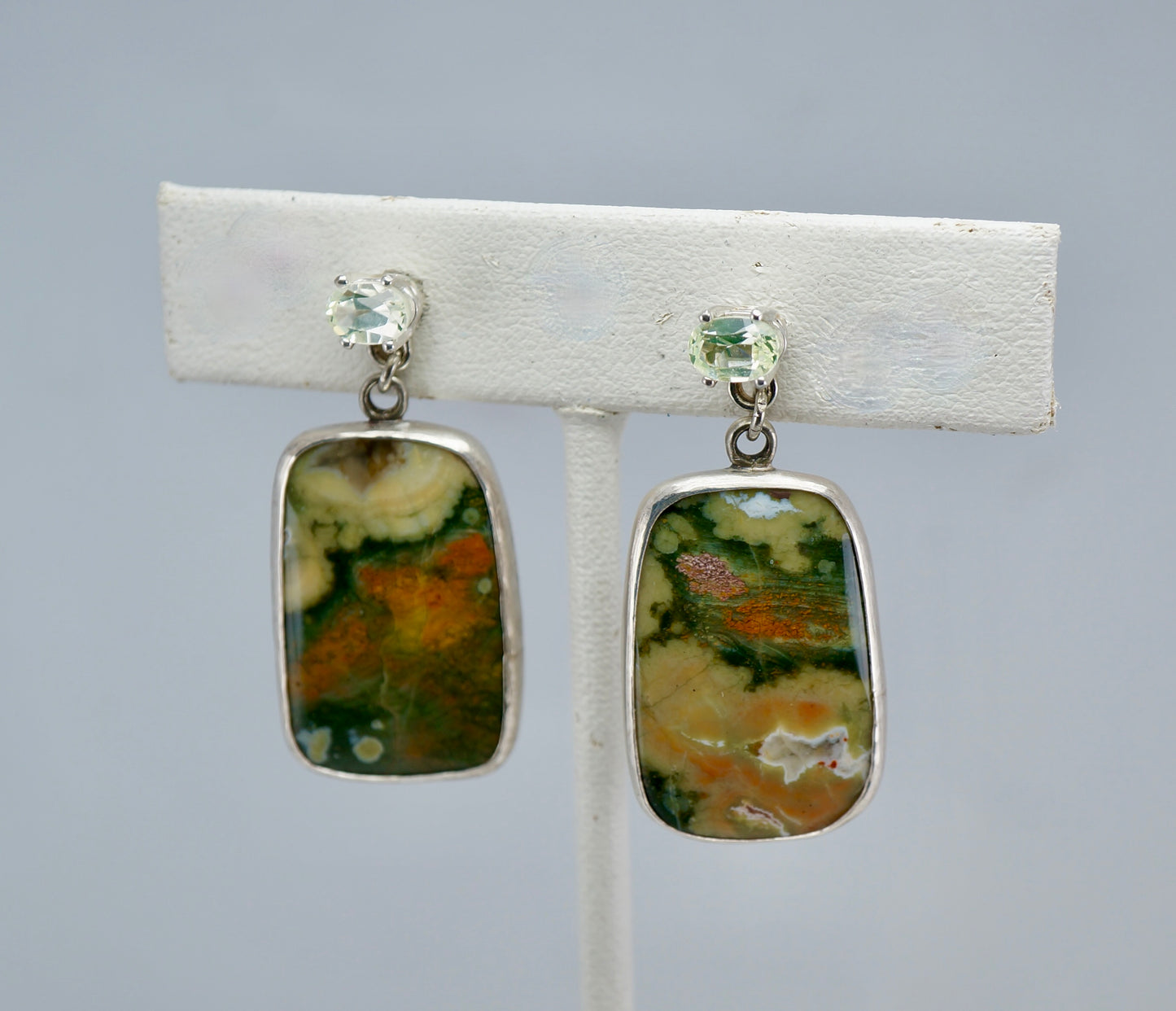 Rhyolite Agate Earrings with Green Oval Gemstones