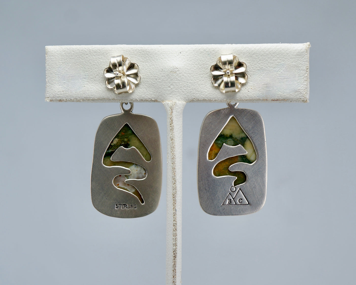 Rhyolite Agate Earrings with Green Oval Gemstones