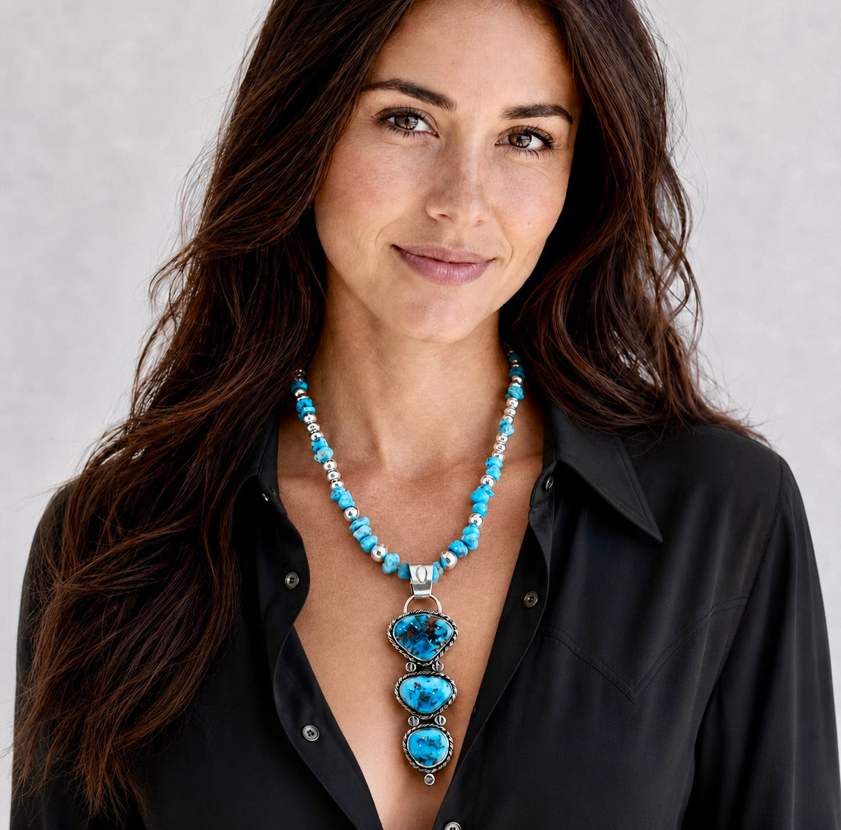 One of a Kind Genuine Turquoise Statement Necklace, 104 Carat Three Stone Sterling Silver Western Pendant