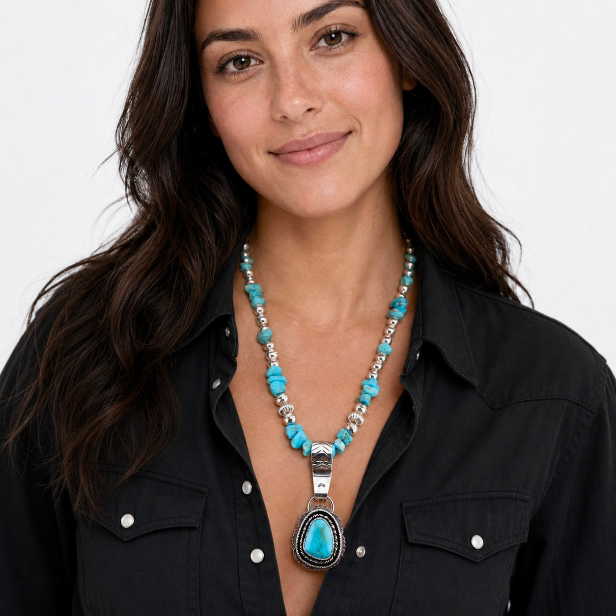 Genuine Turquoise Statement Necklace with 21 Carat Sterling Silver Pendant, One of a Kind Western Jewelry