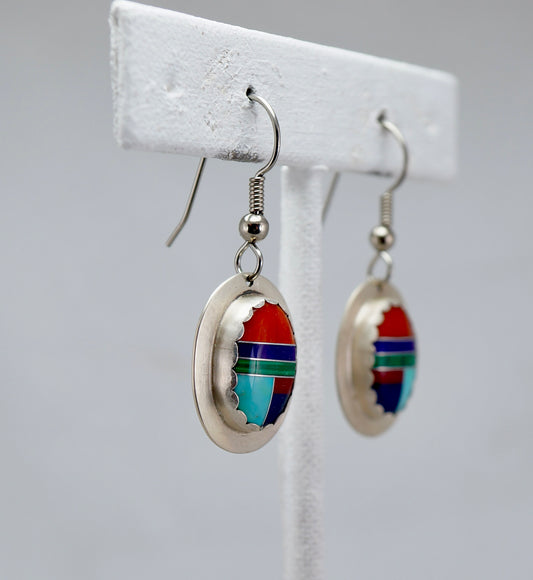 Multi-Stone Channeled Inlay Dangle Earrings – Sterling Silver with Turquoise, Coral, Sugilite, Lapis, and Malachite