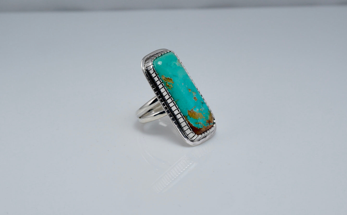 Turquoise Long Ring – Handcrafted Sterling Silver (Size 7.5)