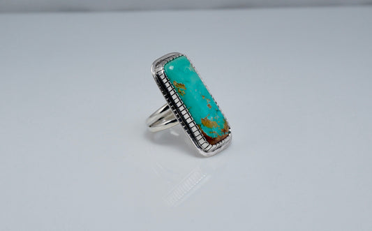 Turquoise Long Ring – Handcrafted Sterling Silver (Size 7.5)