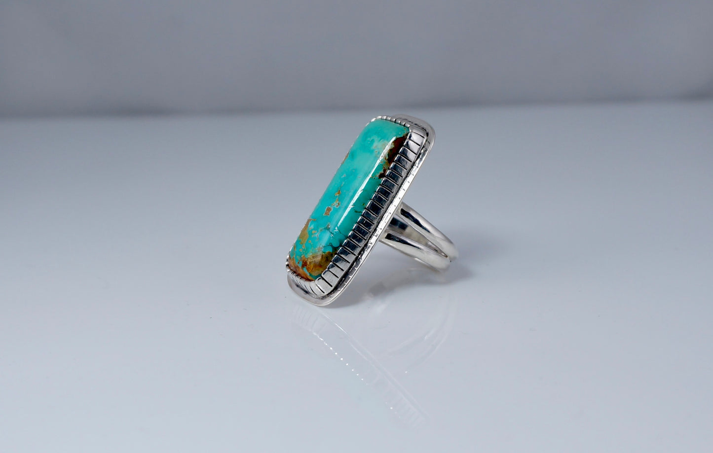 Turquoise Long Ring – Handcrafted Sterling Silver (Size 7.5)