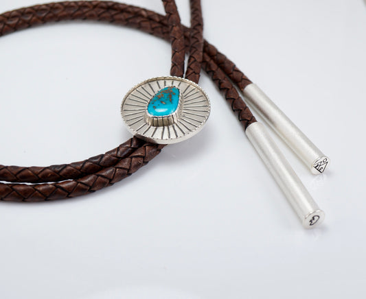 Genuine Turquoise Bolo Tie in Sterling and Fine Silver, Handcrafted One-of-a-Kind Western Jewelry