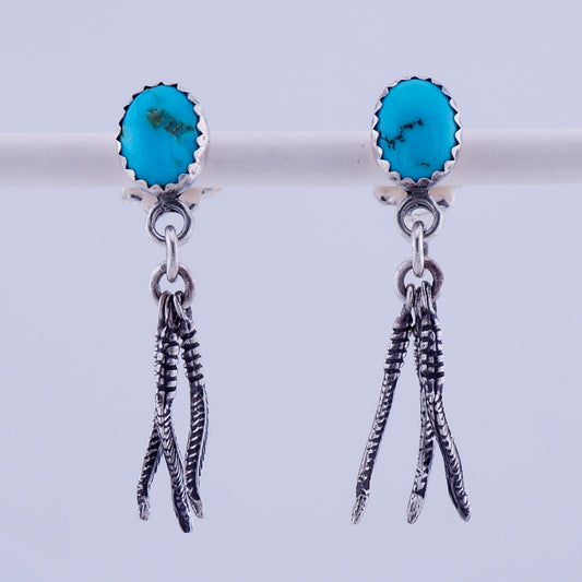 Genuine Turquoise and Sterling Silver Feather Drop Earrings — Handcrafted OOAK Western Jewelry
