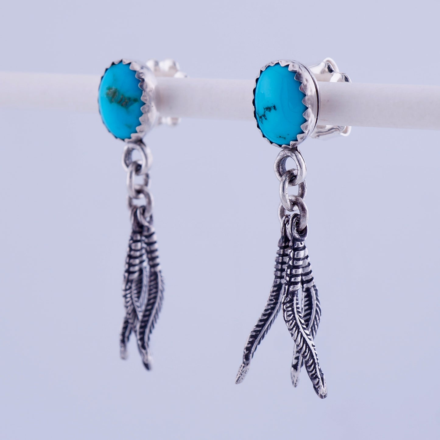 Genuine Turquoise and Sterling Silver Feather Drop Earrings — Handcrafted OOAK Western Jewelry