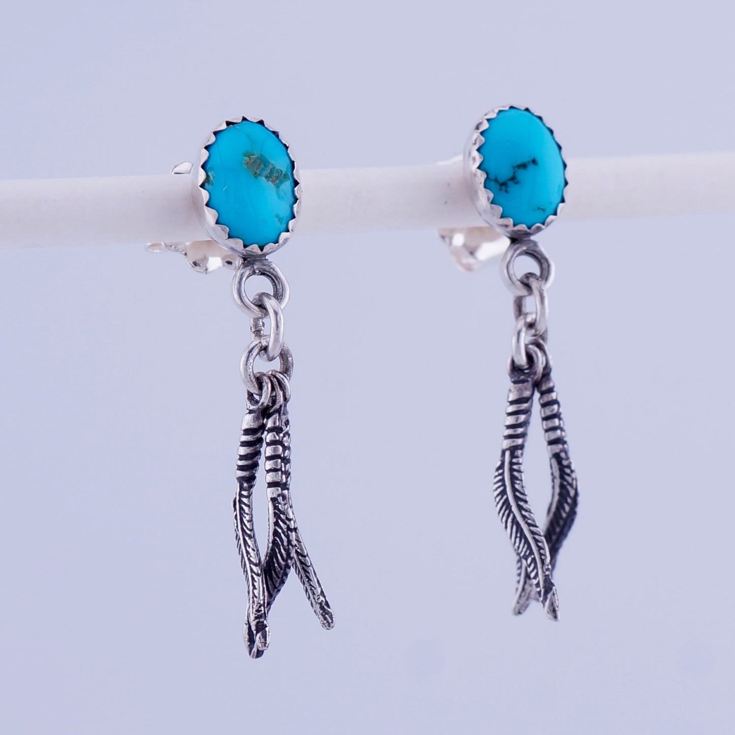 Genuine Turquoise and Sterling Silver Feather Drop Earrings — Handcrafted OOAK Western Jewelry