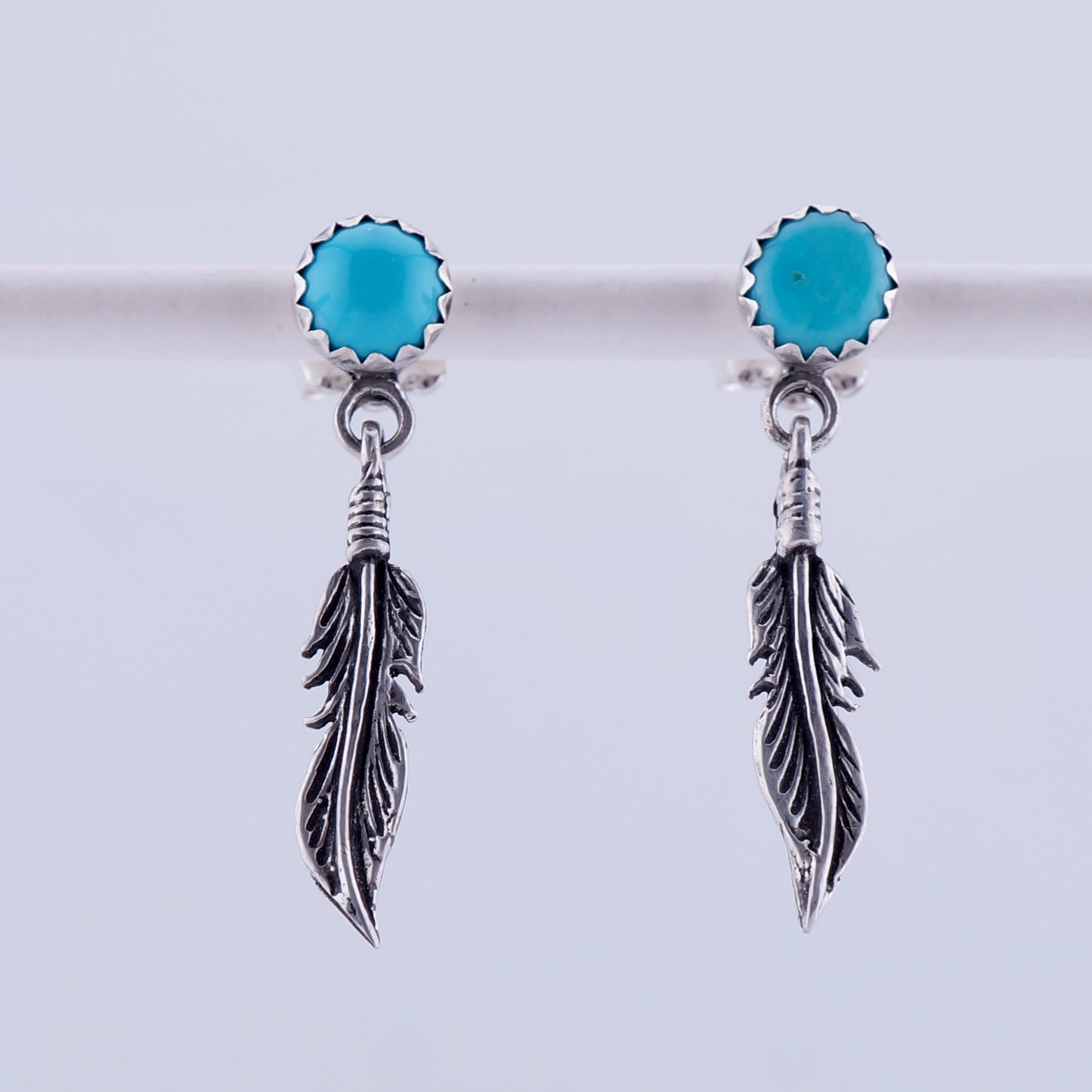 Turquoise and Sterling Silver Feather Dangle Earrings — Handcrafted One of a Kind Western Jewelry