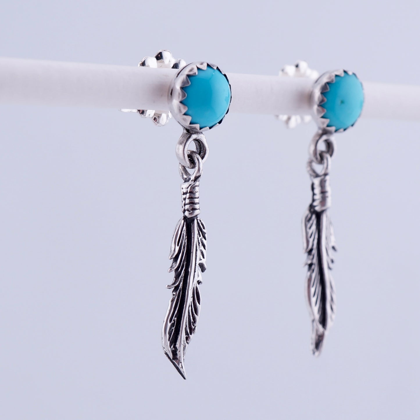 Turquoise and Sterling Silver Feather Dangle Earrings — Handcrafted One of a Kind Western Jewelry