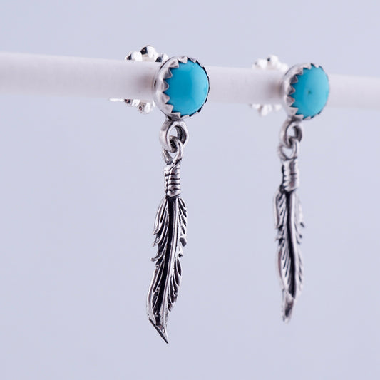 Turquoise and Sterling Silver Feather Dangle Earrings — Handcrafted One of a Kind Western Jewelry