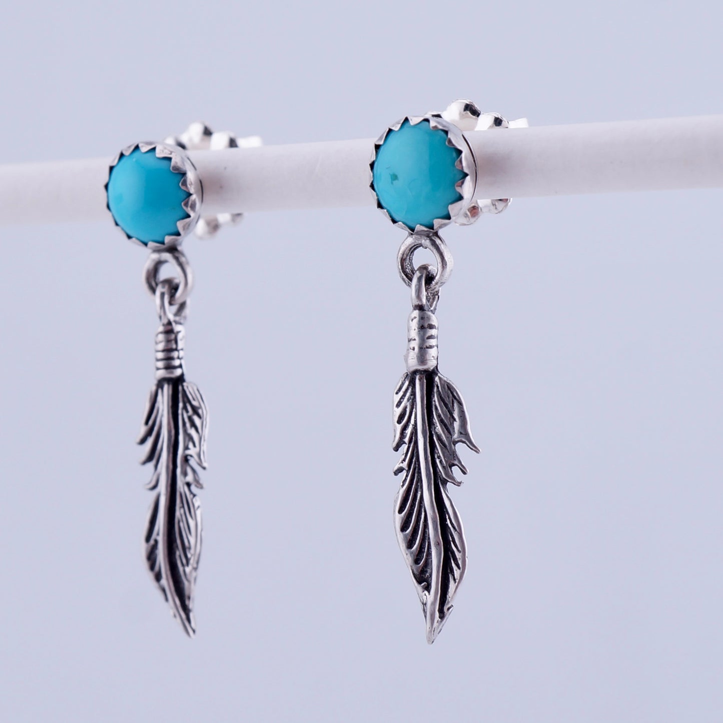 Turquoise and Sterling Silver Feather Dangle Earrings — Handcrafted One of a Kind Western Jewelry