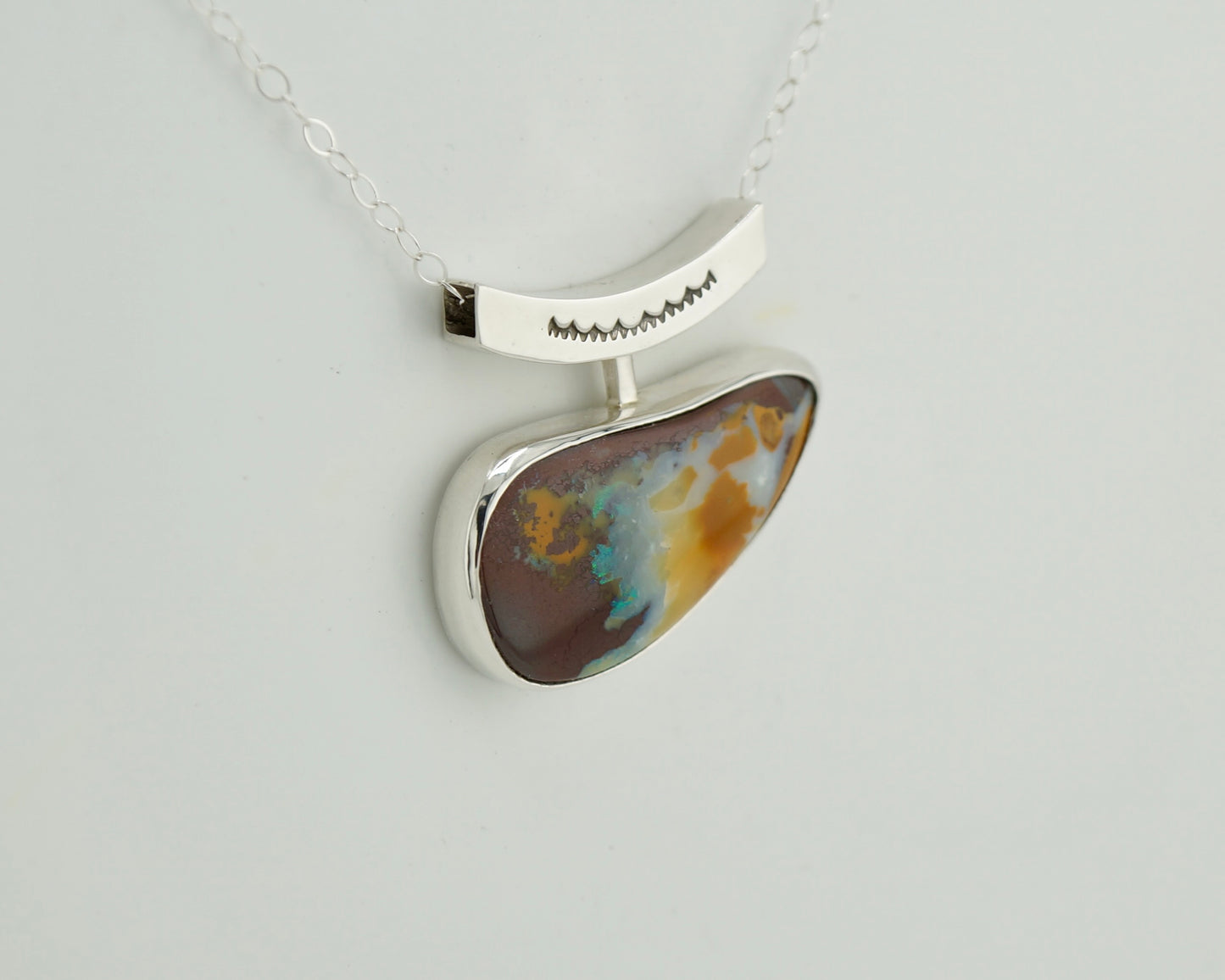 Koroit Boulder Opal Necklace in Sterling Silver, One of a Kind Handcrafted Western Artisan Jewelry