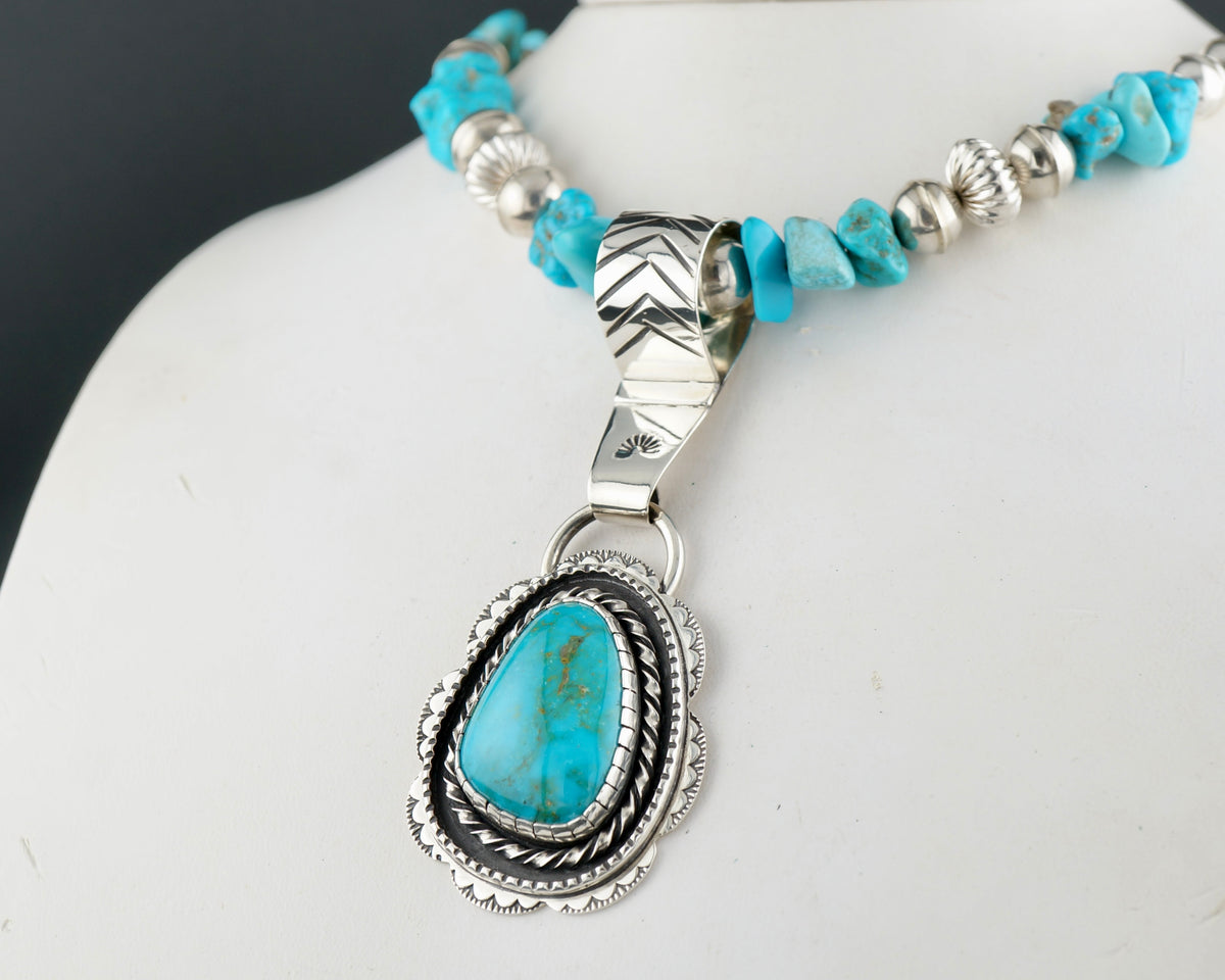 Genuine Turquoise Statement Necklace with 21 Carat Sterling Silver Pendant, One of a Kind Western Jewelry