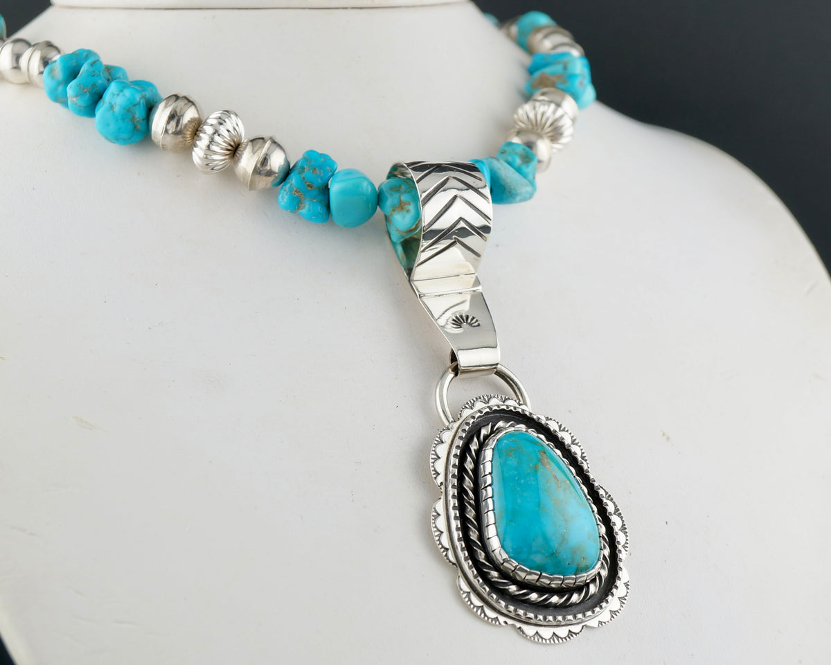 Genuine Turquoise Statement Necklace with 21 Carat Sterling Silver Pendant, One of a Kind Western Jewelry