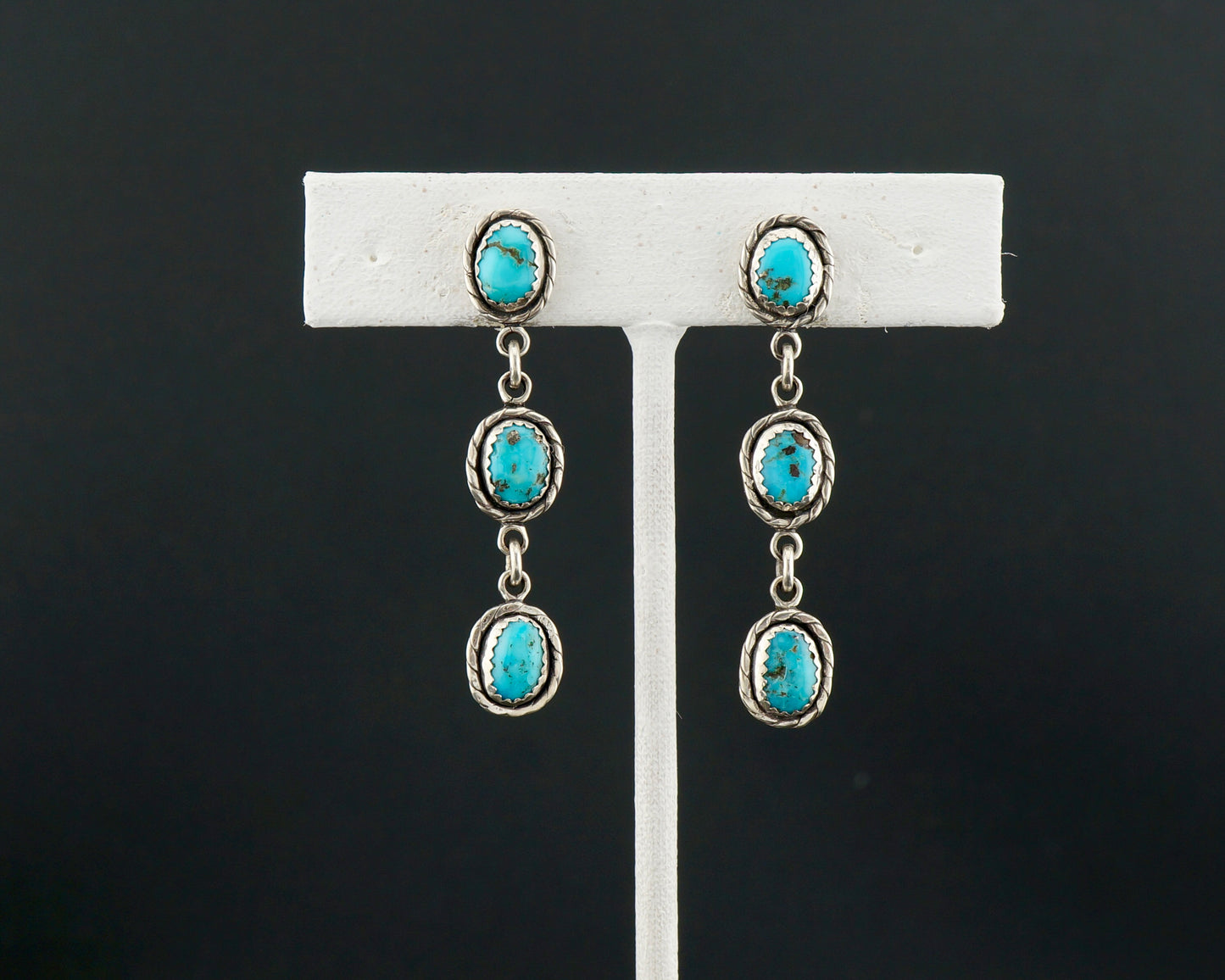 One of a Kind Three Stone Turquoise Dangle Earrings in Sterling Silver, Western Artisan Jewelry