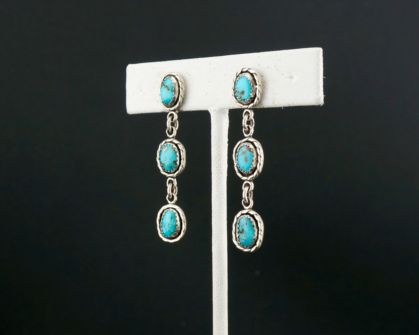 One of a Kind Three Stone Turquoise Dangle Earrings in Sterling Silver, Western Artisan Jewelry