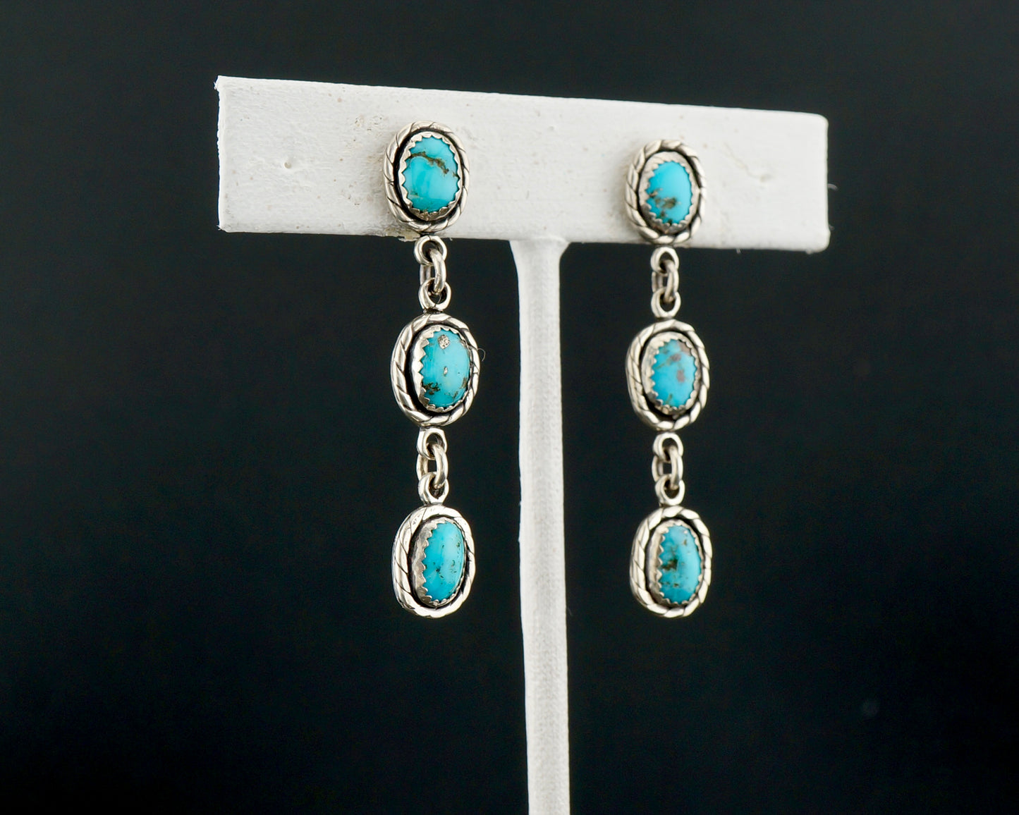 One of a Kind Three Stone Turquoise Dangle Earrings in Sterling Silver, Western Artisan Jewelry