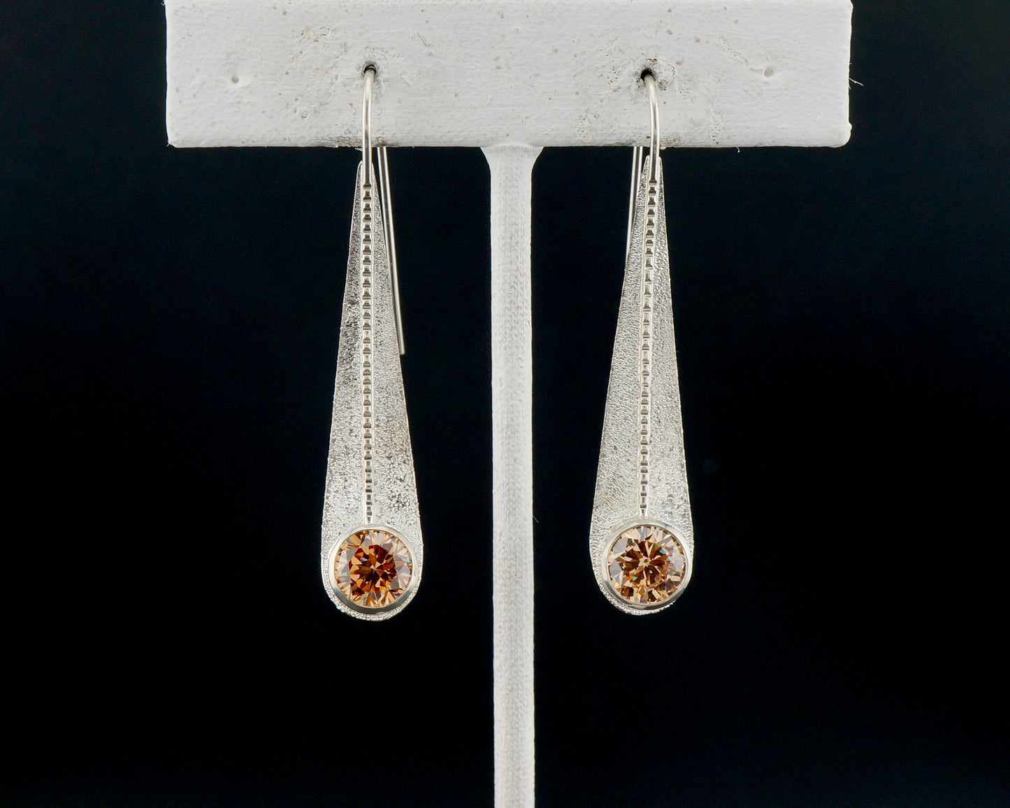Champagne CZ Sterling Silver Teardrop Earrings, Handcrafted Western Modern Dangle Earrings