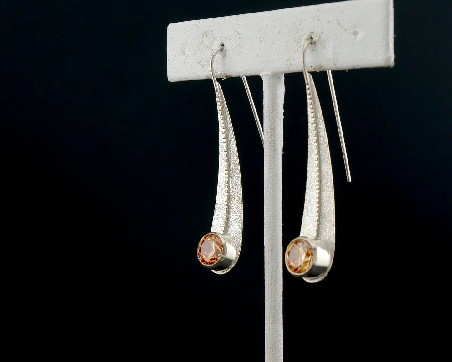 Champagne CZ Sterling Silver Teardrop Earrings, Handcrafted Western Modern Dangle Earrings