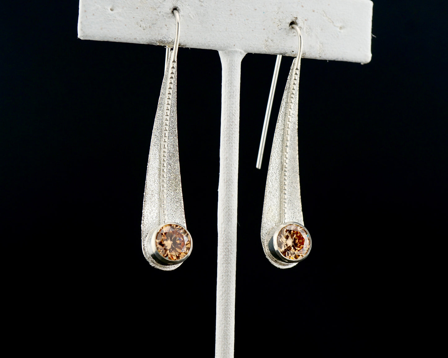 Champagne CZ Sterling Silver Teardrop Earrings, Handcrafted Western Modern Dangle Earrings