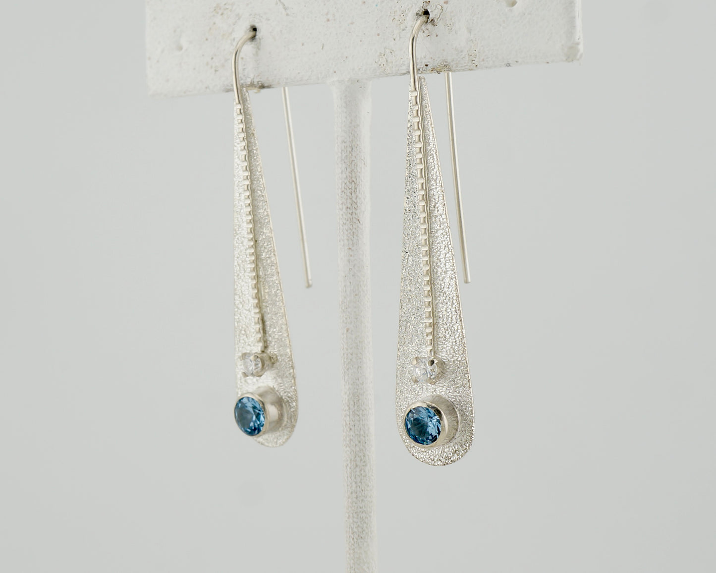 Aqua and White CZ Sterling Silver Drop Earrings, Diamond Cut Sparkle, One-of-a-Kind Western Jewelry