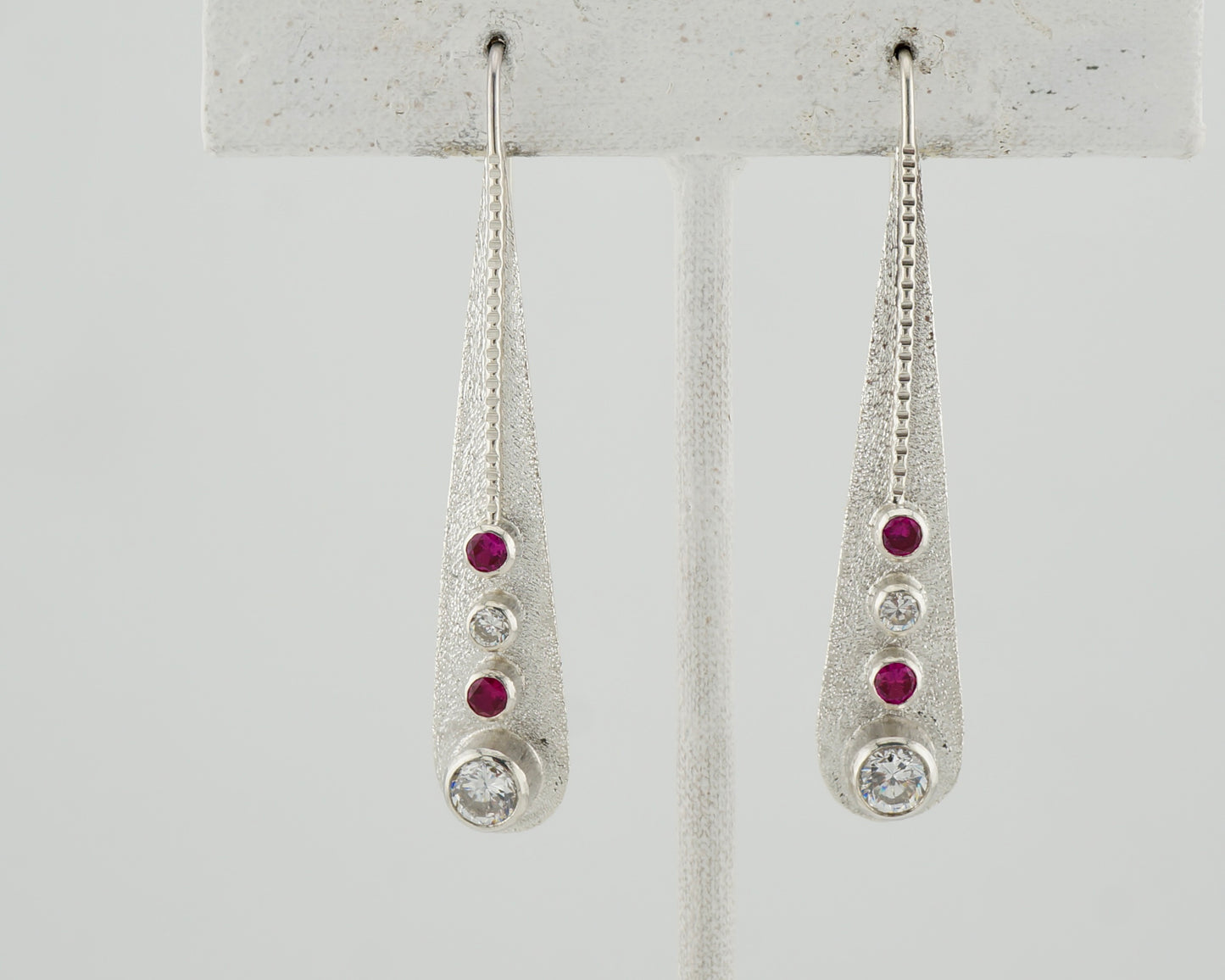 One of a Kind Sterling Silver CZ Drop Earrings, Ruby Red and White, Modern Western Jewelry