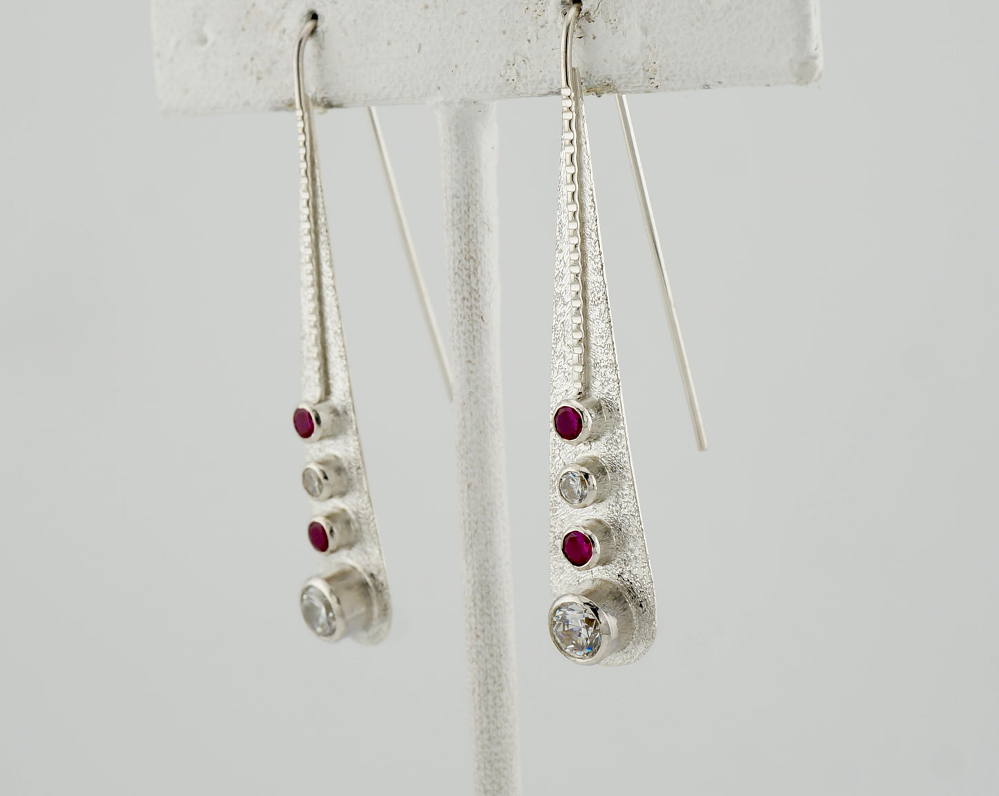 One of a Kind Sterling Silver CZ Drop Earrings, Ruby Red and White, Modern Western Jewelry