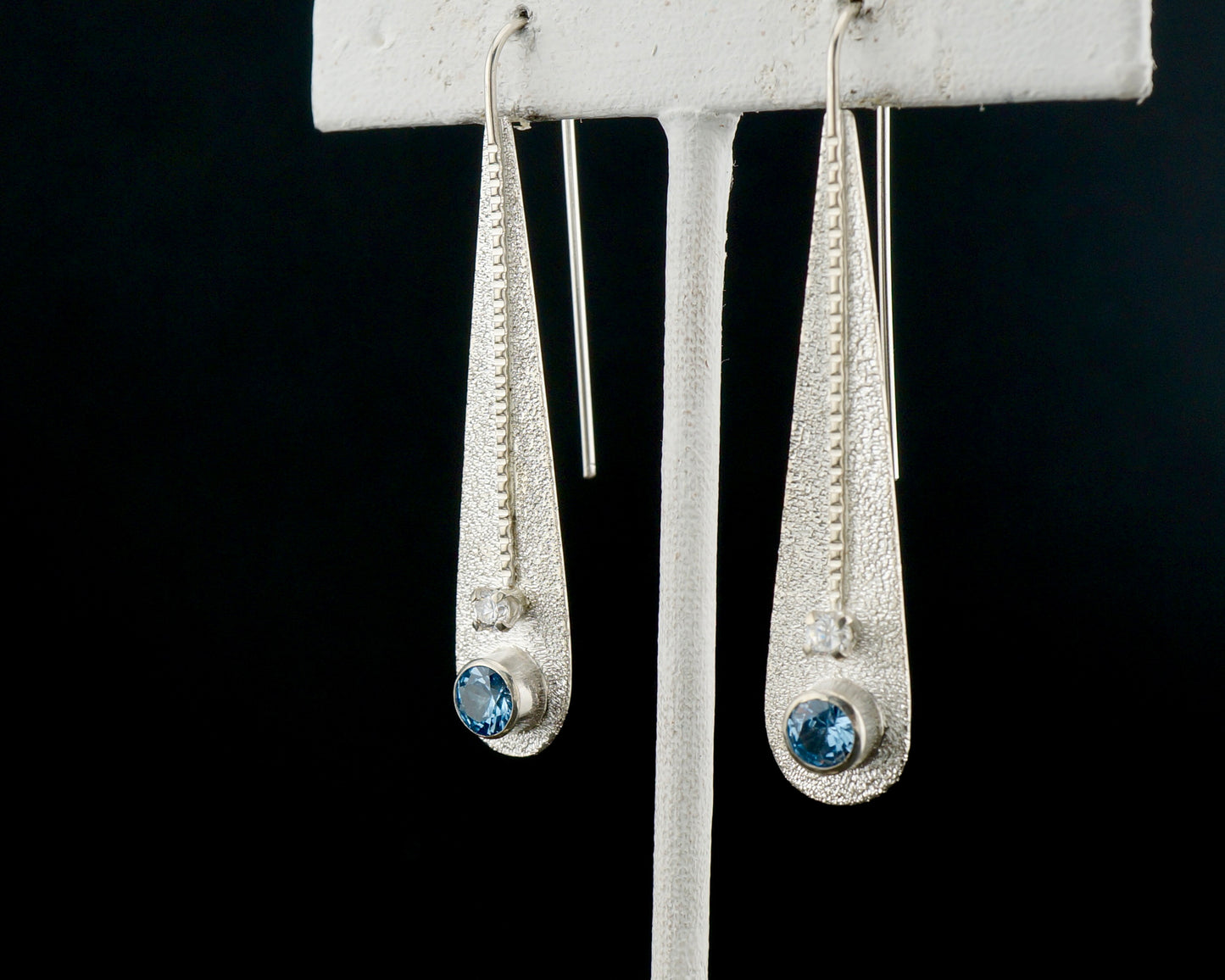 Aqua and White CZ Sterling Silver Drop Earrings, Diamond Cut Sparkle, One-of-a-Kind Western Jewelry