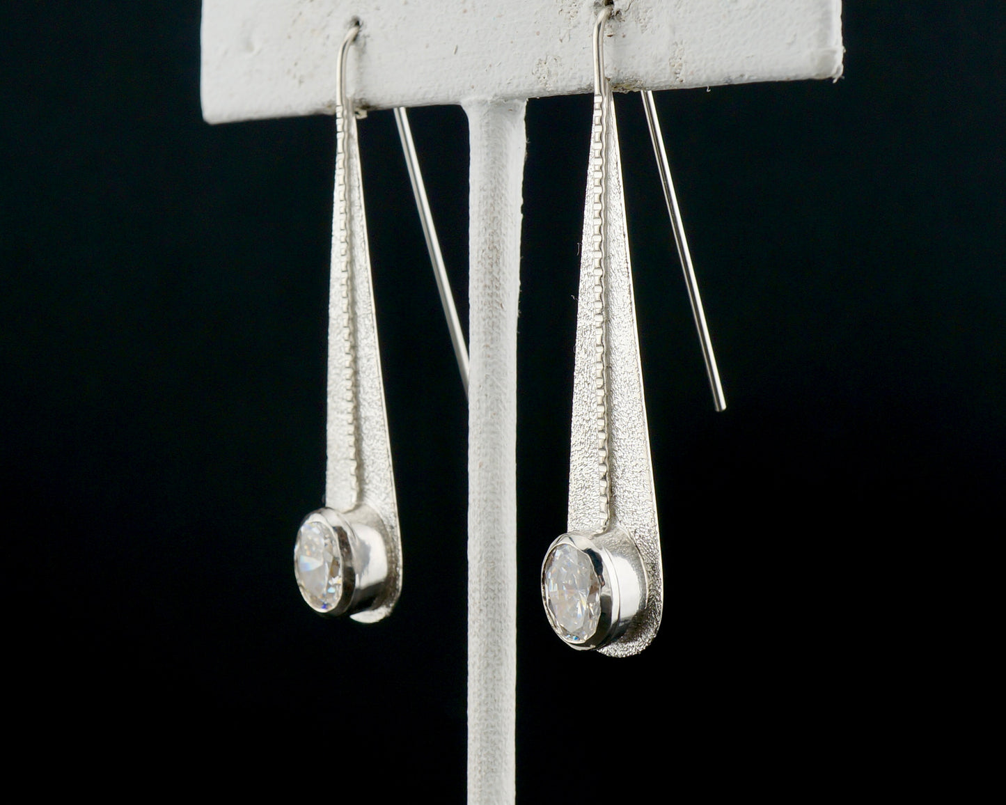 One of a Kind Sterling Silver CZ Drop Earrings, Diamond Cut Modern Western Dangle Earrings