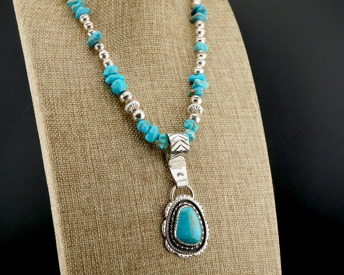 Genuine Turquoise Statement Necklace with 21 Carat Sterling Silver Pendant, One of a Kind Western Jewelry