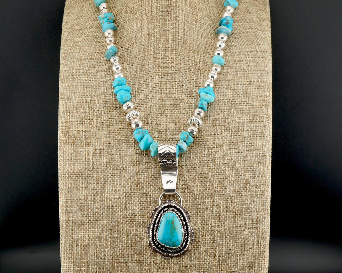 Genuine Turquoise Statement Necklace with 21 Carat Sterling Silver Pendant, One of a Kind Western Jewelry