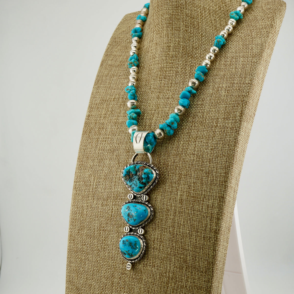 One of a Kind Genuine Turquoise Statement Necklace, 104 Carat Three Stone Sterling Silver Western Pendant