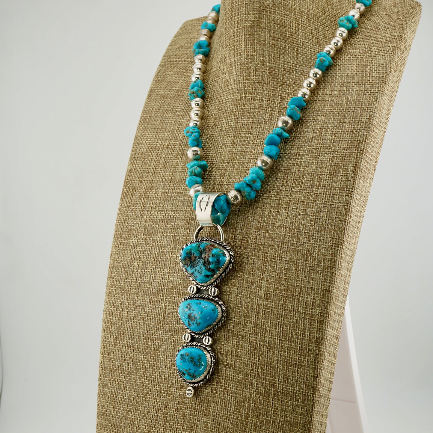 One of a Kind Genuine Turquoise Statement Necklace, 104 Carat Three Stone Sterling Silver Western Pendant