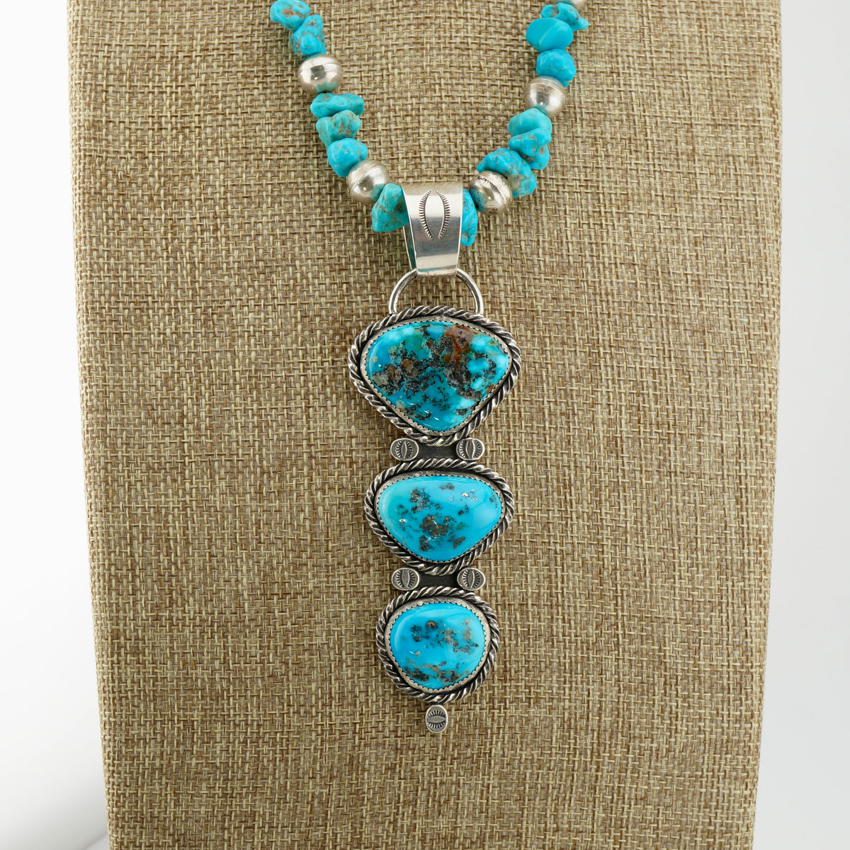 One of a Kind Genuine Turquoise Statement Necklace, 104 Carat Three Stone Sterling Silver Western Pendant