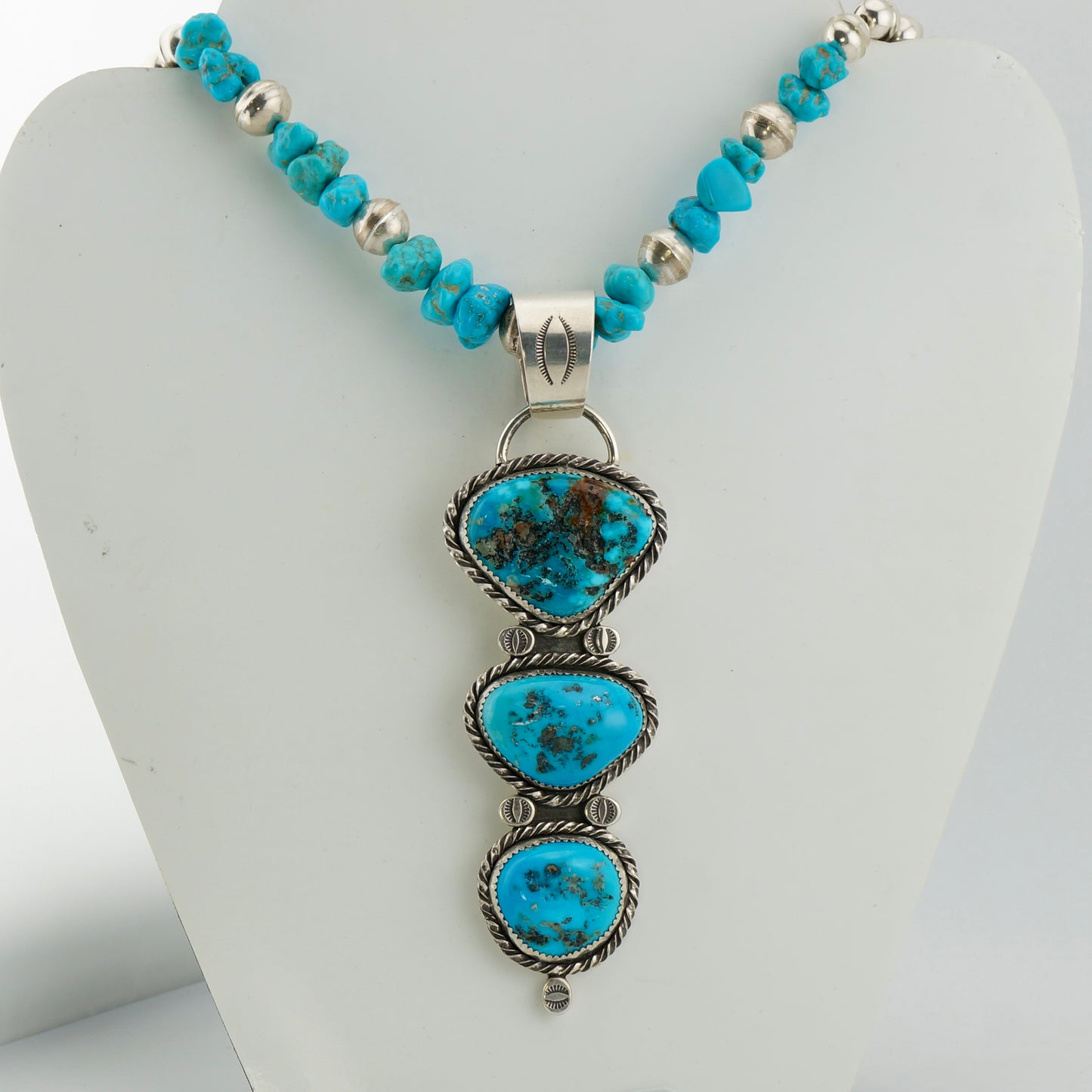 One of a Kind Genuine Turquoise Statement Necklace, 104 Carat Three Stone Sterling Silver Western Pendant