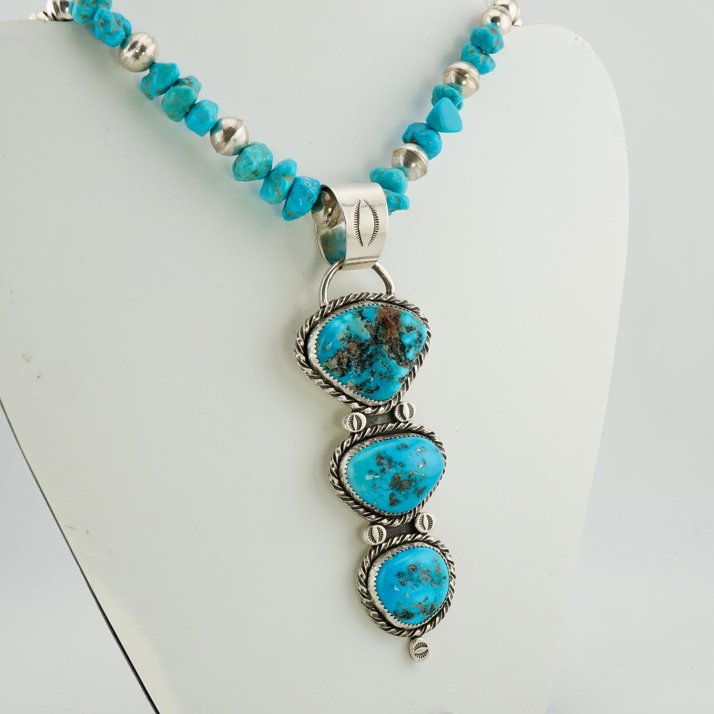 One of a Kind Genuine Turquoise Statement Necklace, 104 Carat Three Stone Sterling Silver Western Pendant