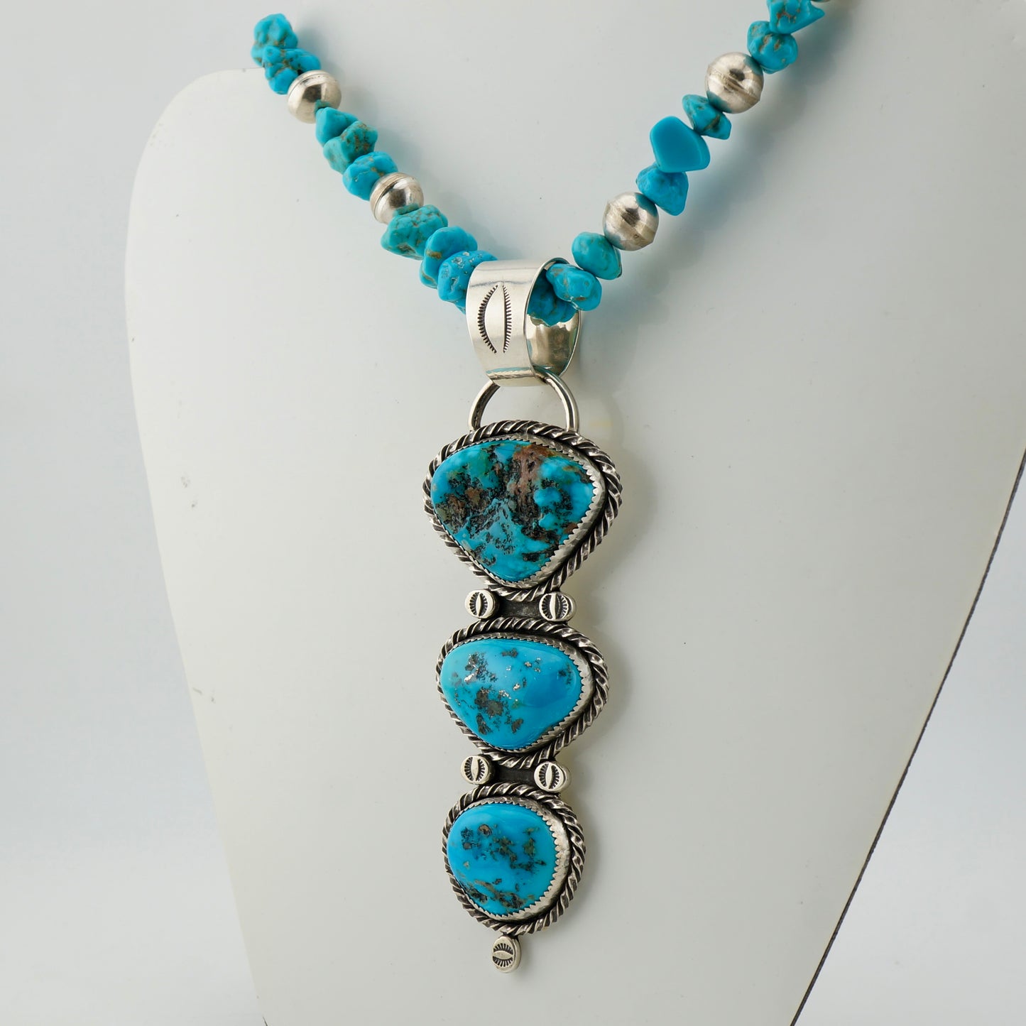 One of a Kind Genuine Turquoise Statement Necklace, 104 Carat Three Stone Sterling Silver Western Pendant