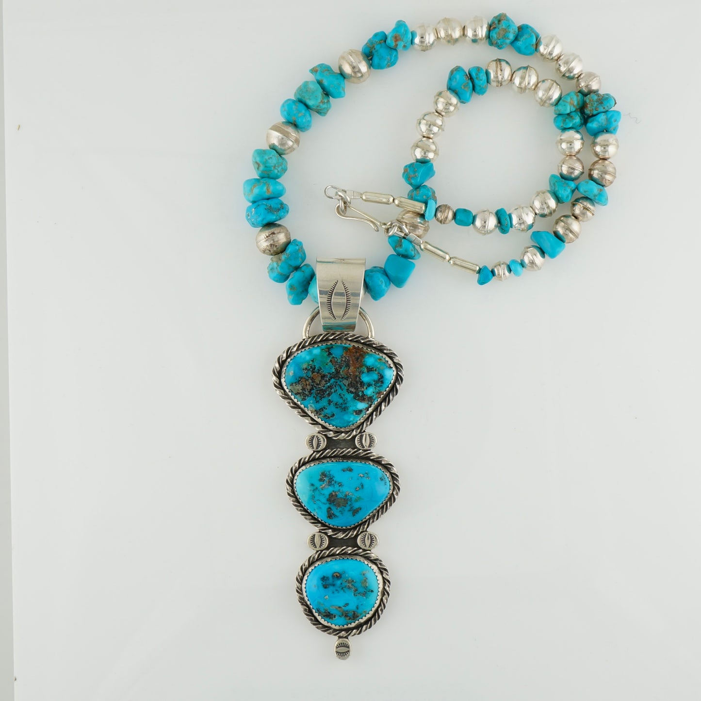 One of a Kind Genuine Turquoise Statement Necklace, 104 Carat Three Stone Sterling Silver Western Pendant