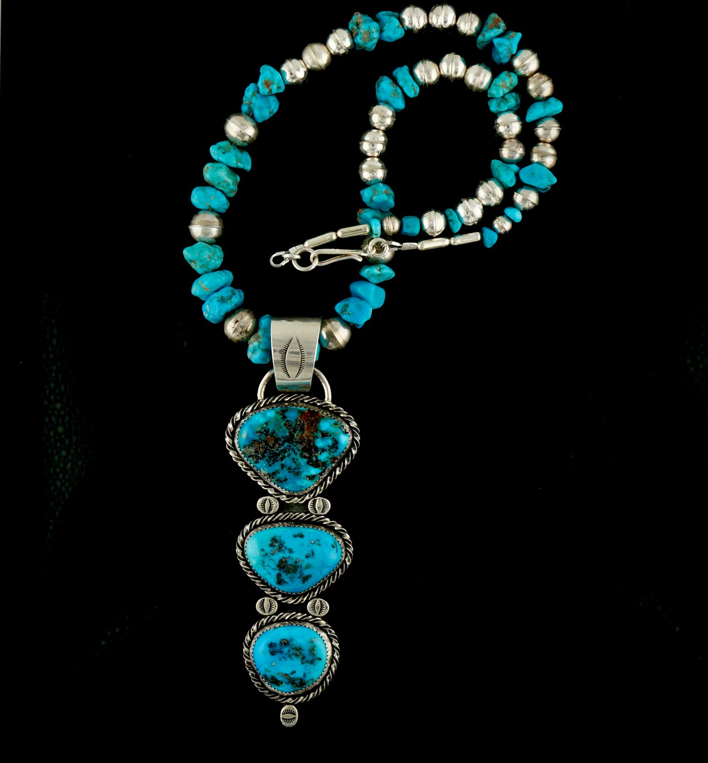 One of a Kind Genuine Turquoise Statement Necklace, 104 Carat Three Stone Sterling Silver Western Pendant