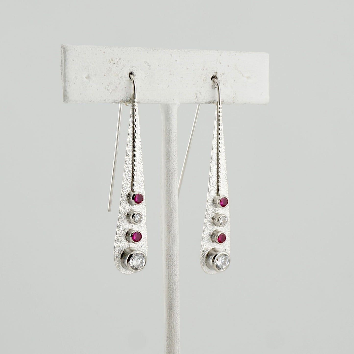 One of a Kind Sterling Silver CZ Drop Earrings, Ruby Red and White, Modern Western Jewelry