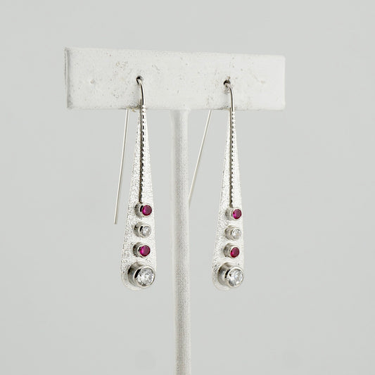 One of a Kind Sterling Silver CZ Drop Earrings, Ruby Red and White, Modern Western Jewelry