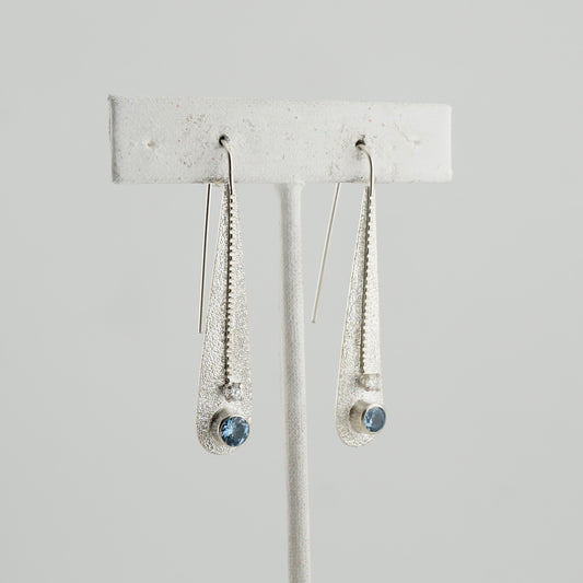 Aqua and White CZ Sterling Silver Drop Earrings, Diamond Cut Sparkle, One-of-a-Kind Western Jewelry