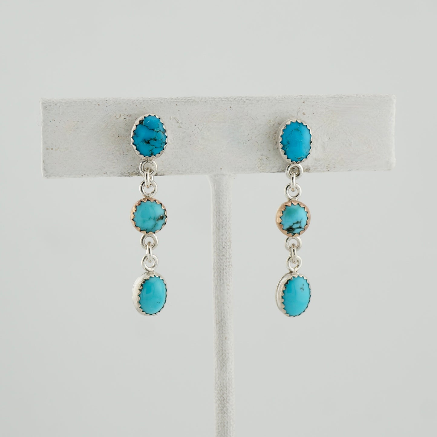 Genuine Turquoise Dangle Earrings in Sterling Silver and Brass, One-of-a-Kind Western Jewelry