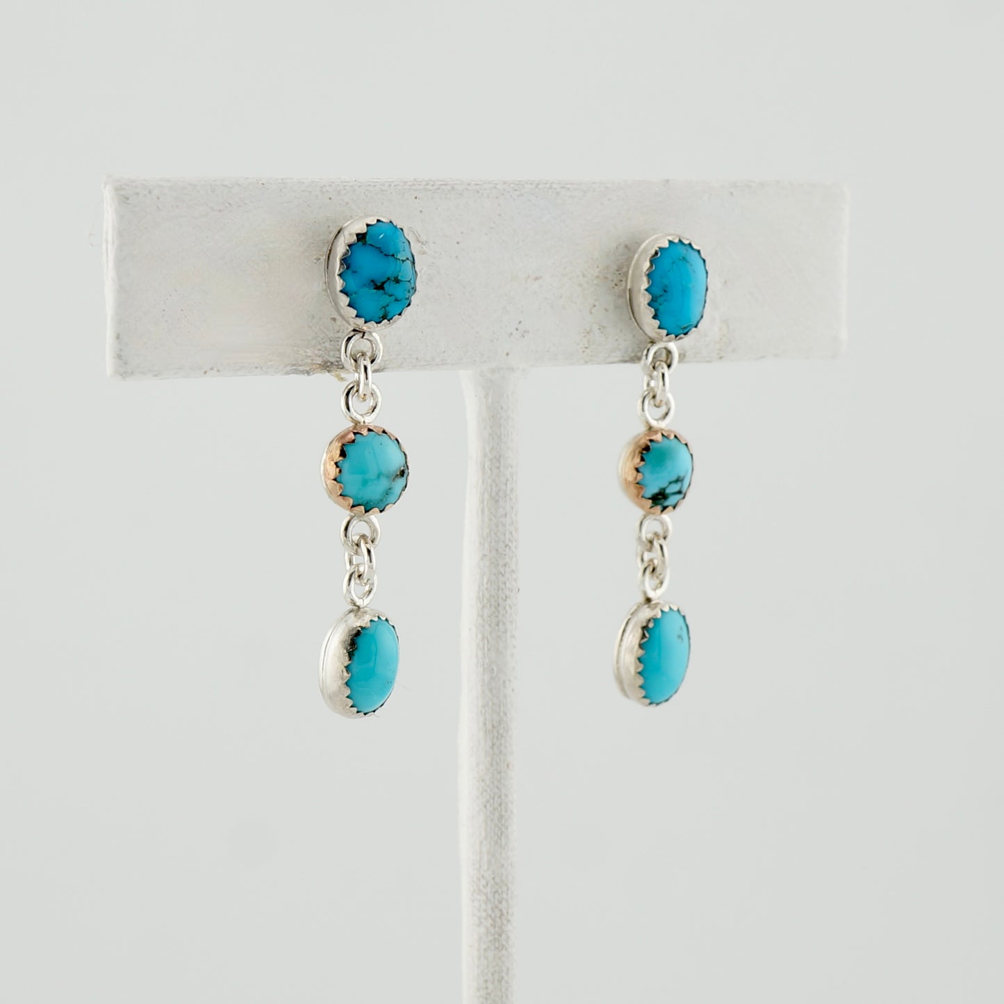 Genuine Turquoise Dangle Earrings in Sterling Silver and Brass, One-of-a-Kind Western Jewelry