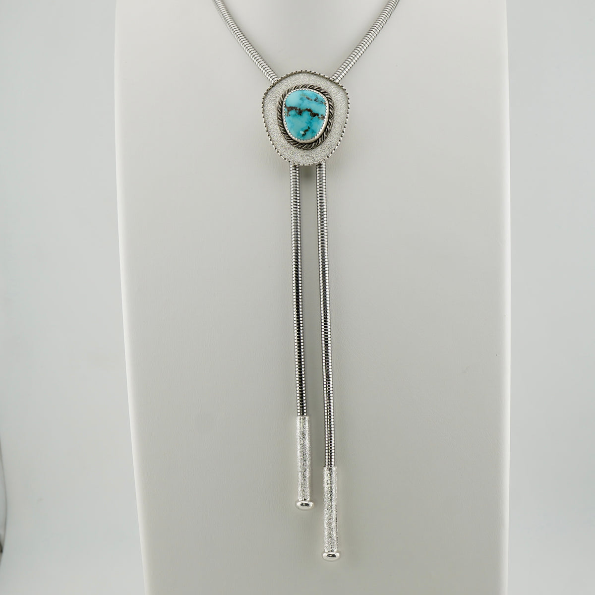 Genuine Turquoise Bolo Tie in Fine and Sterling Silver, One of a Kind Handcrafted Western Jewelry